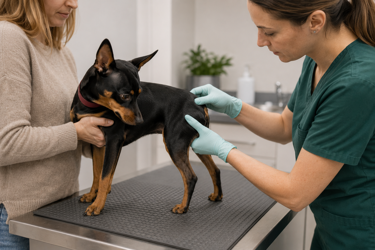 Veterinářka vyšetřuje anální váčky trpasličího pinče v ordinaci
